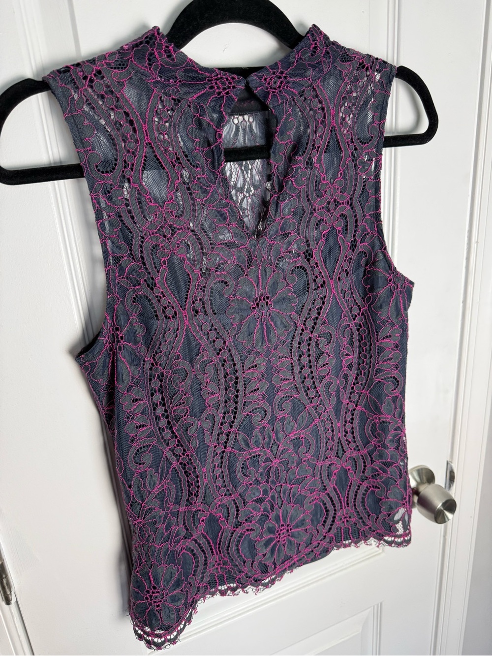 White House Black Market Gray Lace Sleeveless Camisole with Pink Embroidery - Picture 2 of 4